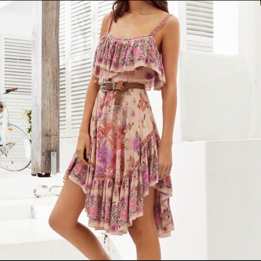 Spell Pink Floral Ruffled Midi Dress